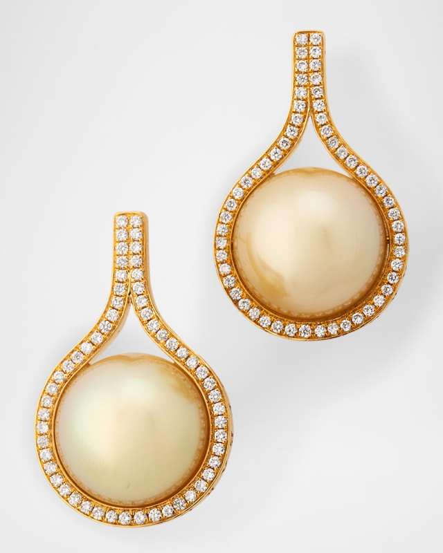 18K Yellow Gold South Sea Pearl and Diamond Earrings